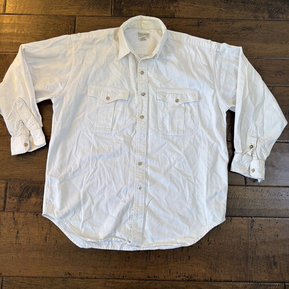 VTG 80s Banana Republic Safari Shirt L Distressed Frayed Flaws White Long Sleeve